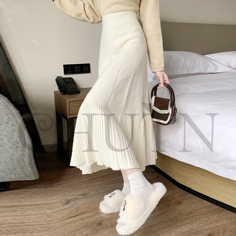 ニットマキシ丈スカートプリーツ ニットスカートマキシ フレアスカート ハイウエスト秋冬ロング丈スカート 着痩せ カジュアル 入学式 通勤 気質 