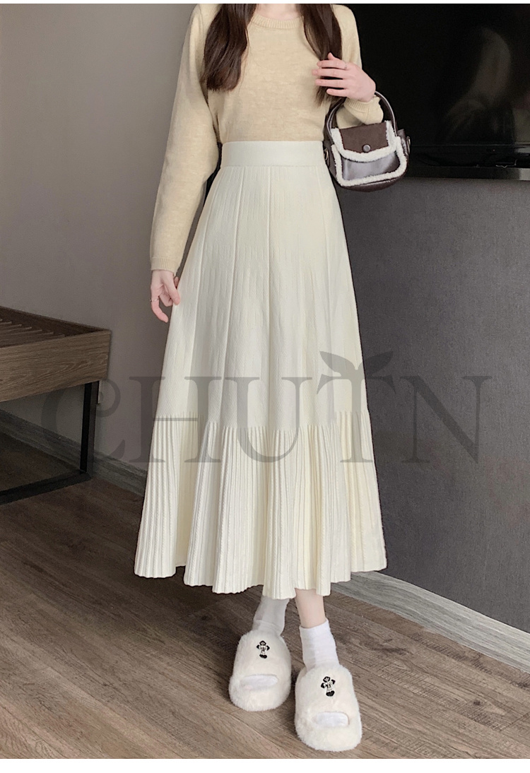 ニットマキシ丈スカートプリーツ ニットスカートマキシ フレアスカート ハイウエスト秋冬ロング丈スカート 着痩せ カジュアル 入学式 通勤 気質 