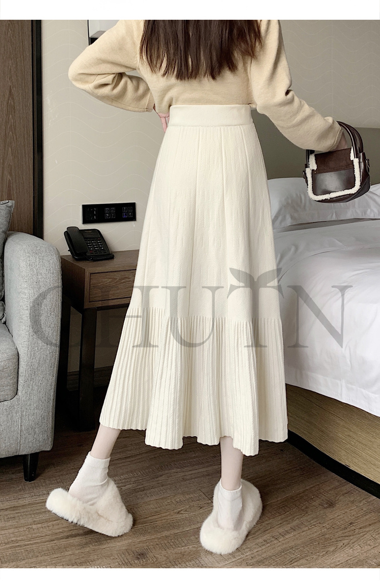 ニットマキシ丈スカートプリーツ ニットスカートマキシ フレアスカート ハイウエスト秋冬ロング丈スカート 着痩せ カジュアル 入学式 通勤 気質 