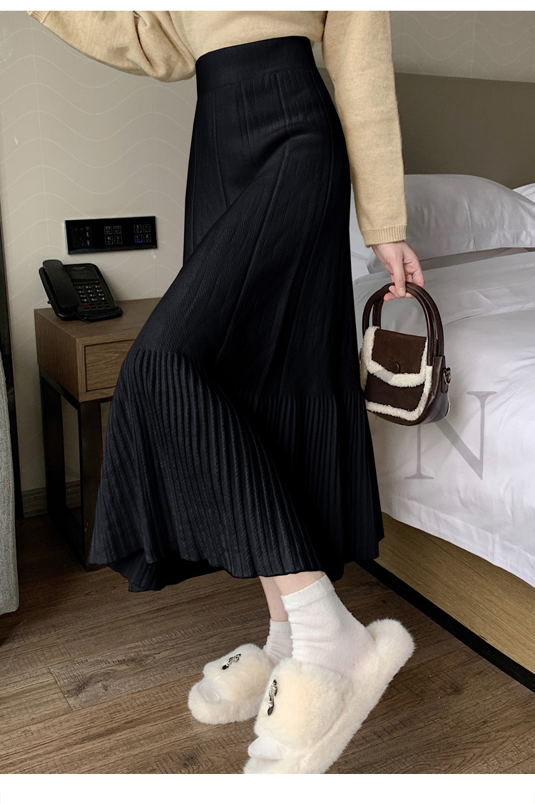 ニットマキシ丈スカートプリーツ ニットスカートマキシ フレアスカート ハイウエスト秋冬ロング丈スカート 着痩せ カジュアル 入学式 通勤 気質 