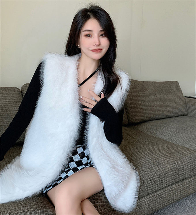 ファーベスト レディース フォックス エコファー 毛皮ベスト ジャケット ショート丈 冬ベスト 上着 防風 暖かい ファーコート 防寒 ボリュームファー 