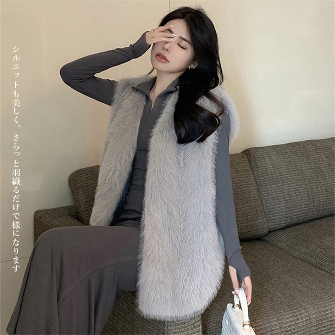 ファーベスト レディース フォックス エコファー 毛皮ベスト ジャケット ショート丈 冬ベスト 上着 防風 暖かい ファーコート 防寒 ボリュームファー 