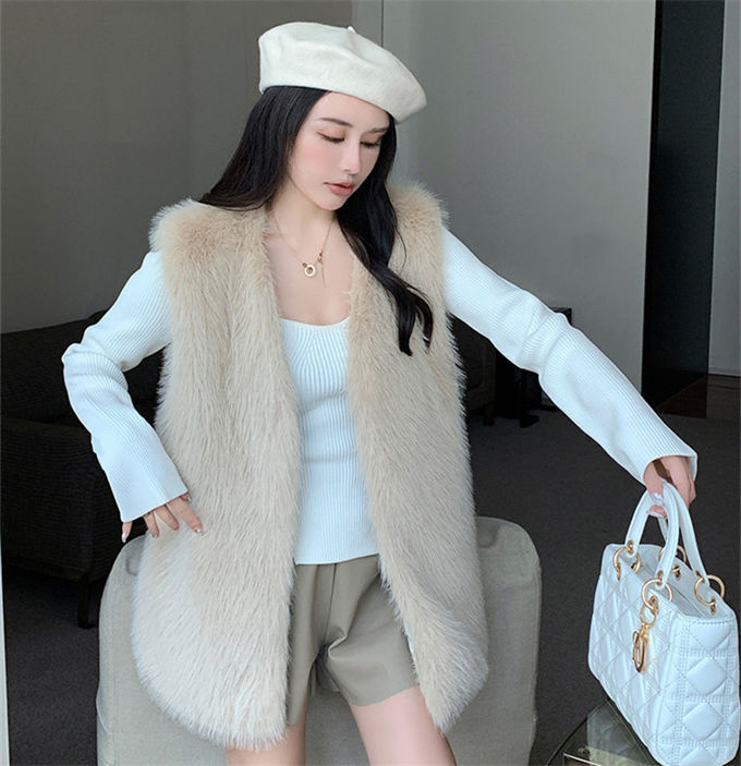 ファーベスト レディース フォックス エコファー 毛皮ベスト ジャケット ショート丈 冬ベスト 上着 防風 暖かい ファーコート 防寒 ボリュームファー 