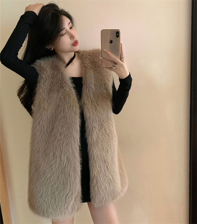 ファーベスト レディース フォックス エコファー 毛皮ベスト ジャケット ショート丈 冬ベスト 上着 防風 暖かい ファーコート 防寒 ボリュームファー 