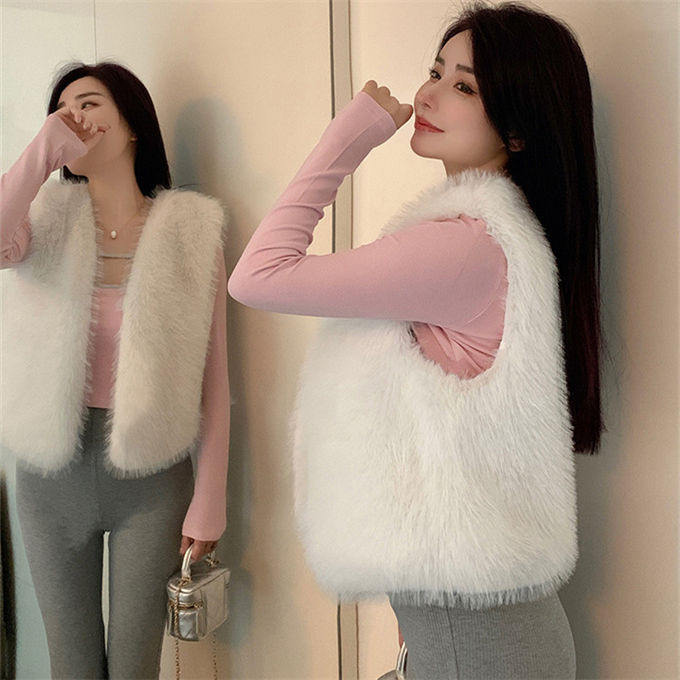 ファーベスト レディース フォックス エコファー 毛皮ベスト ジャケット ショート丈 冬ベスト 上着 防風 暖かい ファーコート 防寒 ボリュームファー 