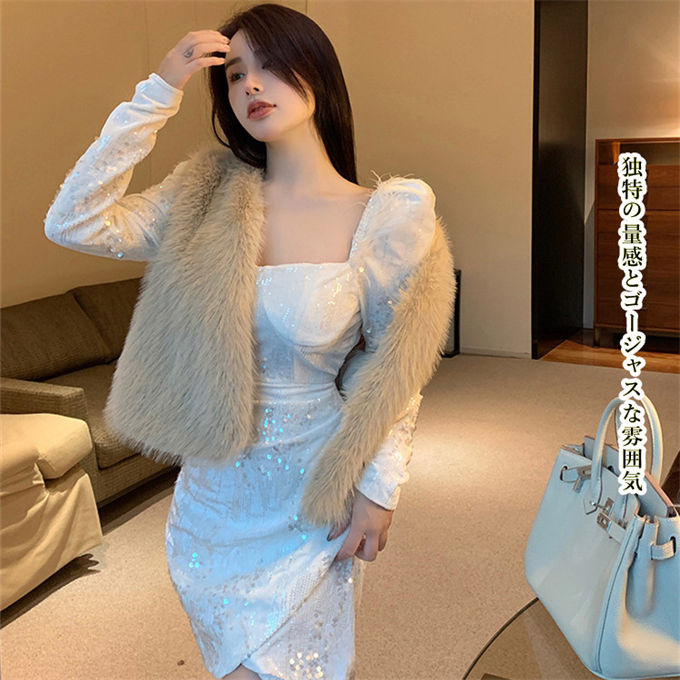 ファーベスト レディース フォックス エコファー 毛皮ベスト ジャケット ショート丈 冬ベスト 上着 防風 暖かい ファーコート 防寒 ボリュームファー 