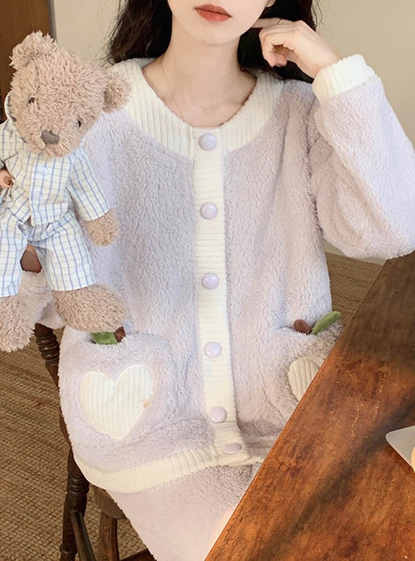 ルームウェア もこもこ パジャマ 冬 長袖 上下セット 寝巻き 暖かい 前開き 部屋着 あったか フード付き 。 