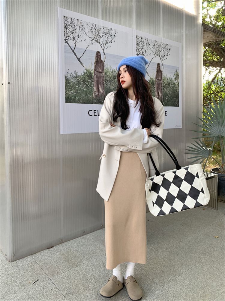 ニットスカート レディース ロングスカート ロング丈 膝下 無地 秋冬 お洒落 タイトスカート 送料無料 きれいめ リブニット ウエストゴム 新作 