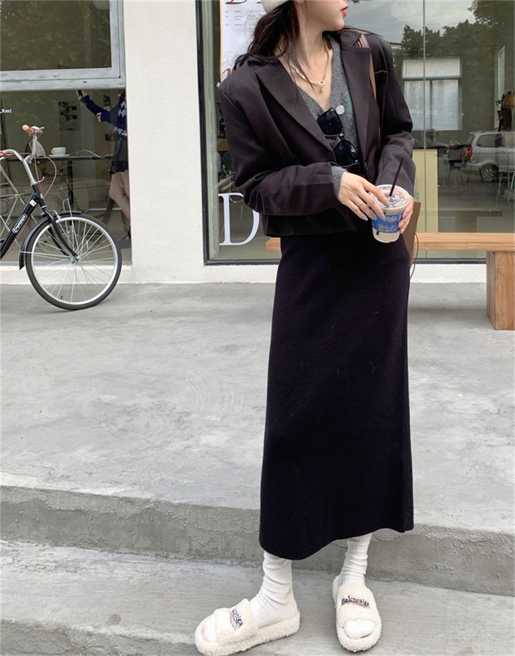 ニットスカート レディース ロングスカート ロング丈 膝下 無地 秋冬 お洒落 タイトスカート 送料無料 きれいめ リブニット ウエストゴム 新作 