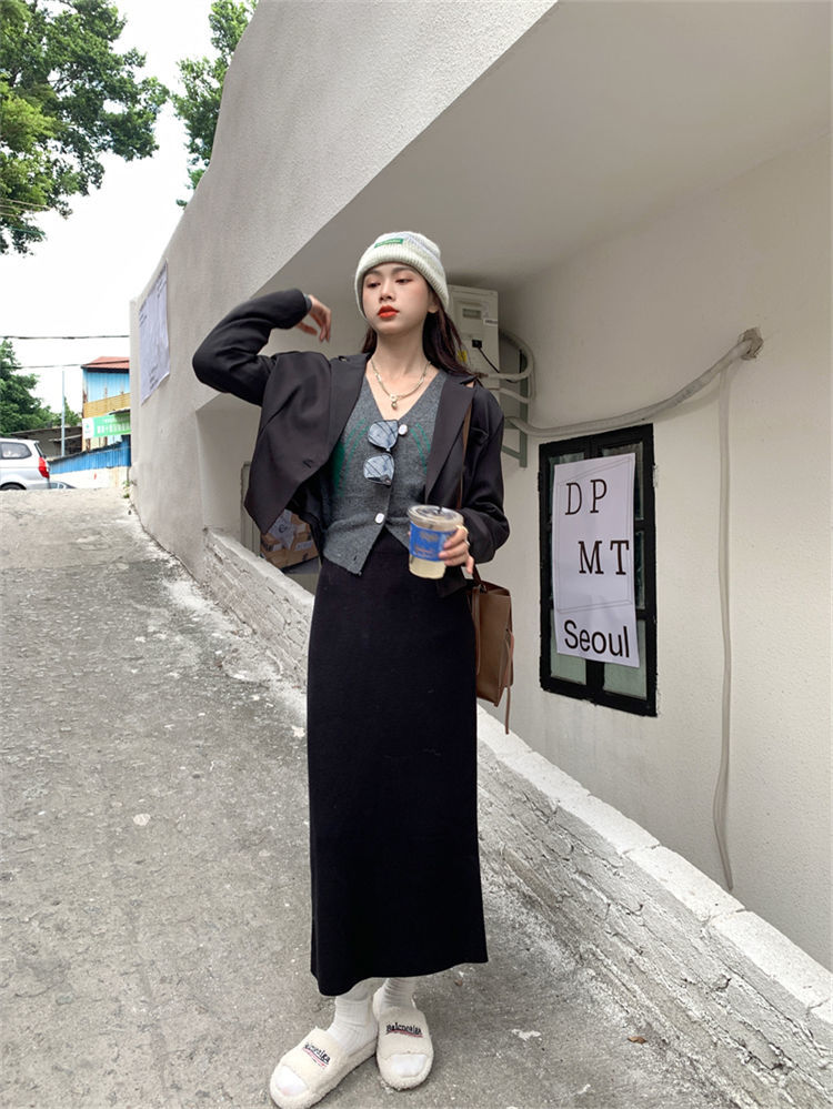 ニットスカート レディース ロングスカート ロング丈 膝下 無地 秋冬 お洒落 タイトスカート 送料無料 きれいめ リブニット ウエストゴム 新作 