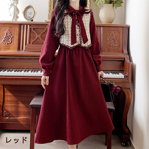 ワンピース ベスト 2点セット 冬服 秋冬 長袖 リボン レディース フレンチ エレファッション レトロ おしゃれ お出かけ かわいい Aライン 大きいサイズ 