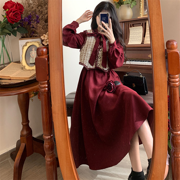 ワンピース ベスト 2点セット 冬服 秋冬 長袖 リボン レディース フレンチ エレファッション レトロ おしゃれ お出かけ かわいい Aライン 大きいサイズ 