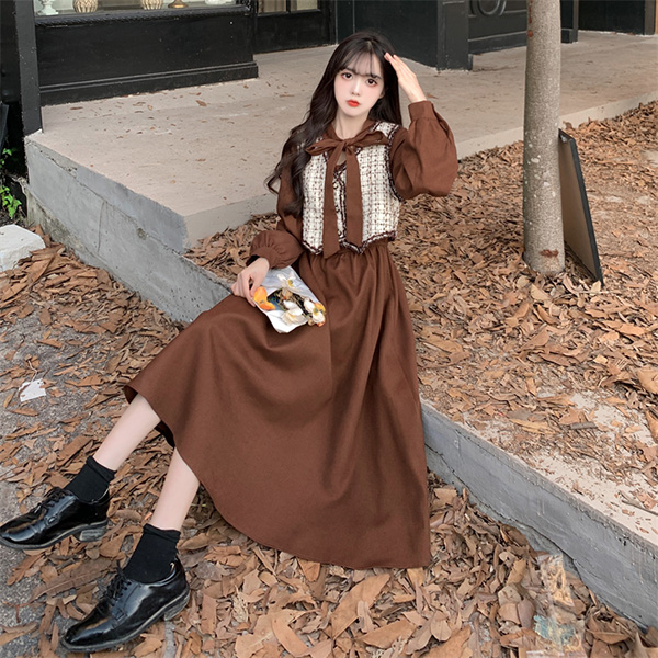 ワンピース ベスト 2点セット 冬服 秋冬 長袖 リボン レディース フレンチ エレファッション レトロ おしゃれ お出かけ かわいい Aライン 大きいサイズ 