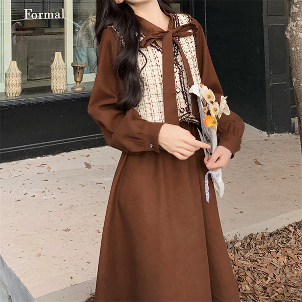 ワンピース ベスト 2点セット 冬服 秋冬 長袖 リボン レディース フレンチ エレファッション レトロ おしゃれ お出かけ かわいい Aライン 大きいサイズ 