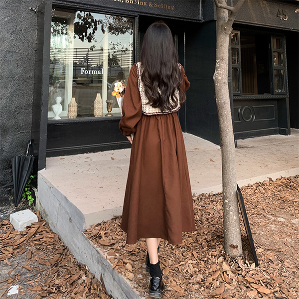 ワンピース ベスト 2点セット 冬服 秋冬 長袖 リボン レディース フレンチ エレファッション レトロ おしゃれ お出かけ かわいい Aライン 大きいサイズ 