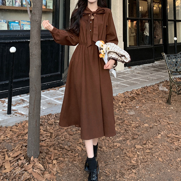 ワンピース ベスト 2点セット 冬服 秋冬 長袖 リボン レディース フレンチ エレファッション レトロ おしゃれ お出かけ かわいい Aライン 大きいサイズ 