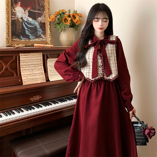 ワンピース ベスト 2点セット 冬服 秋冬 長袖 リボン レディース フレンチ エレファッション レトロ おしゃれ お出かけ かわいい Aライン 大きいサイズ 
