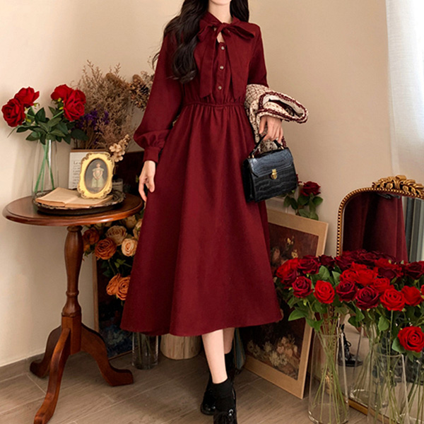 ワンピース ベスト 2点セット 冬服 秋冬 長袖 リボン レディース フレンチ エレファッション レトロ おしゃれ お出かけ かわいい Aライン 大きいサイズ 