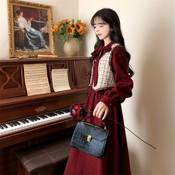 ワンピース ベスト 2点セット 冬服 秋冬 長袖 リボン レディース フレンチ エレファッション レトロ おしゃれ お出かけ かわいい Aライン 大きいサイズ 