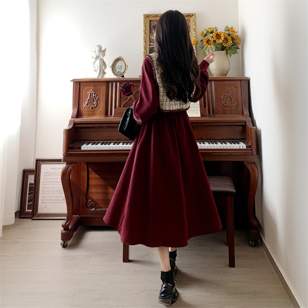 ワンピース ベスト 2点セット 冬服 秋冬 長袖 リボン レディース フレンチ エレファッション レトロ おしゃれ お出かけ かわいい Aライン 大きいサイズ 