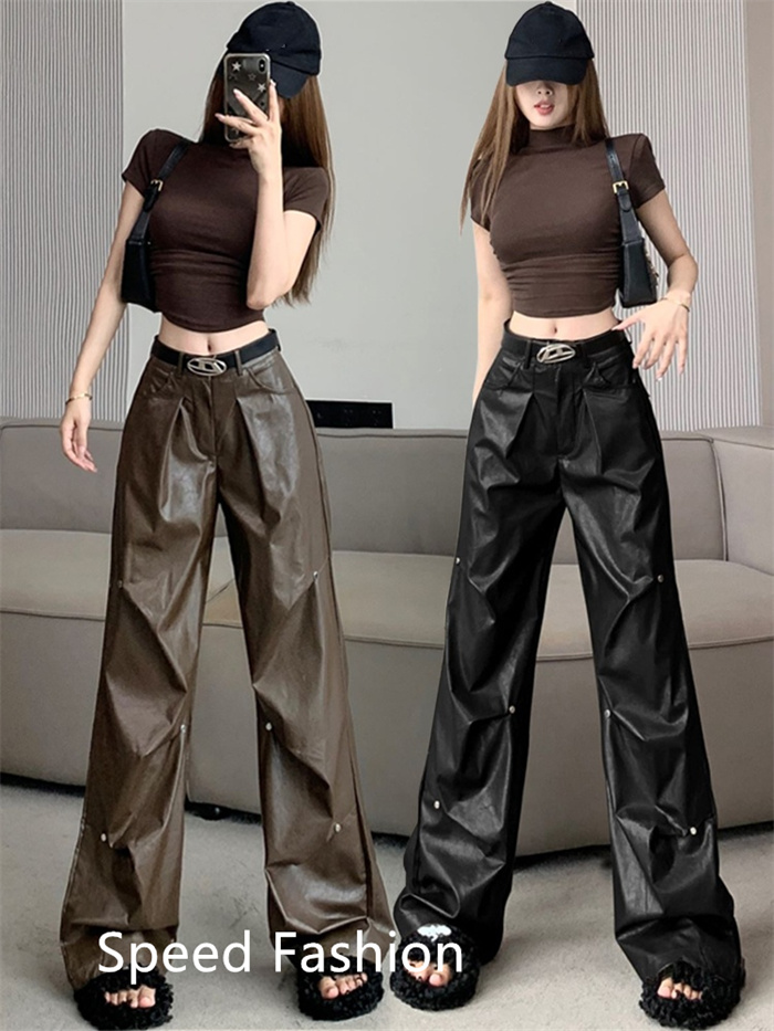 PU レザーワイドレッグパンツ レディース バギーパンツ ロング丈 ハイウエスト カジュアル ボ体型カバー 大人 ズボン ワイドレッグパンツ 