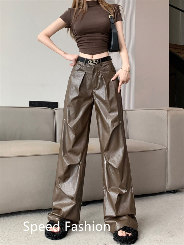 PU レザーワイドレッグパンツ レディース バギーパンツ ロング丈 ハイウエスト カジュアル ボ体型カバー 大人 ズボン ワイドレッグパンツ 