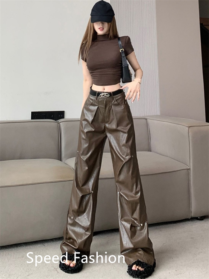 PU レザーワイドレッグパンツ レディース バギーパンツ ロング丈 ハイウエスト カジュアル ボ体型カバー 大人 ズボン ワイドレッグパンツ 