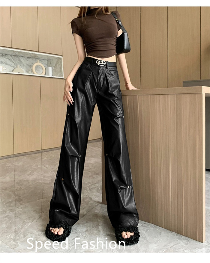 PU レザーワイドレッグパンツ レディース バギーパンツ ロング丈 ハイウエスト カジュアル ボ体型カバー 大人 ズボン ワイドレッグパンツ 