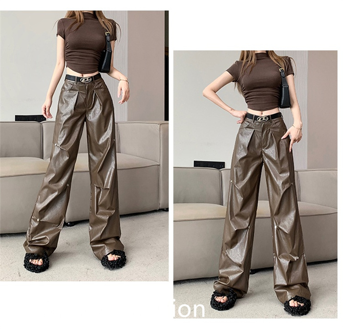 PU レザーワイドレッグパンツ レディース バギーパンツ ロング丈 ハイウエスト カジュアル ボ体型カバー 大人 ズボン ワイドレッグパンツ 