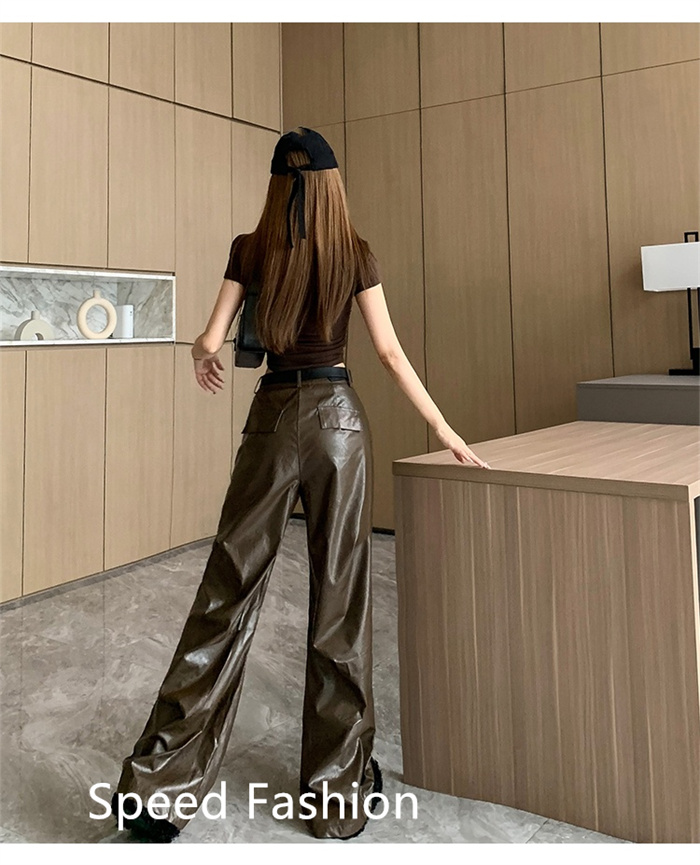 PU レザーワイドレッグパンツ レディース バギーパンツ ロング丈 ハイウエスト カジュアル ボ体型カバー 大人 ズボン ワイドレッグパンツ 