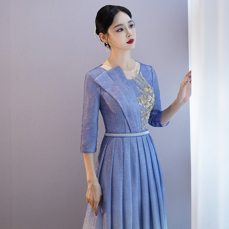 パーティードレス 秋冬 七分袖 グラデーション ロングドレス 大きいサイズ ブルー ピンク 発表会 スデージ 演奏会 パープル 二次会 