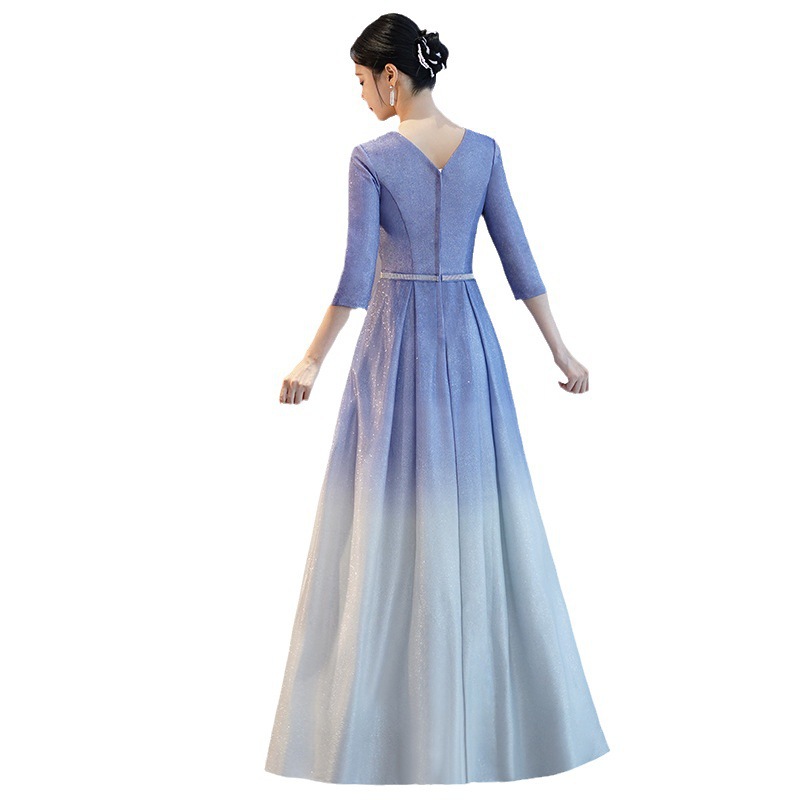 パーティードレス 秋冬 七分袖 グラデーション ロングドレス 大きいサイズ ブルー ピンク 発表会 スデージ 演奏会 パープル 二次会 