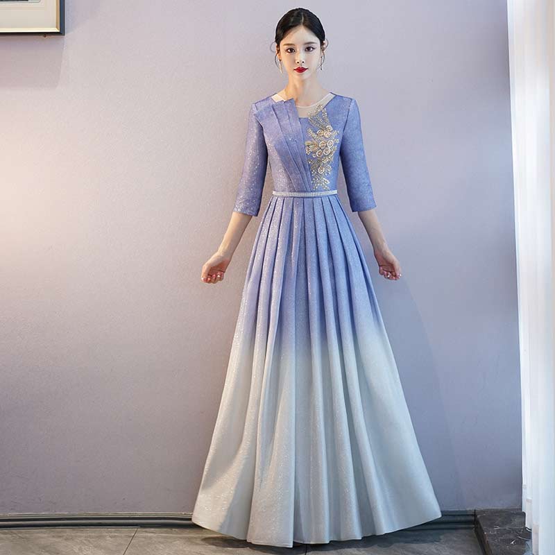 パーティードレス 秋冬 七分袖 グラデーション ロングドレス 大きいサイズ ブルー ピンク 発表会 スデージ 演奏会 パープル 二次会 