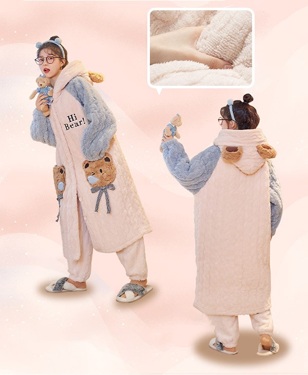 ルームウェア もこもこ 熊柄 パジャマ 冬 長袖 モコモコ 着る毛布 あったか 寝巻き フード付き 。 ナイトガウン 暖かい 部屋着 前開き 
