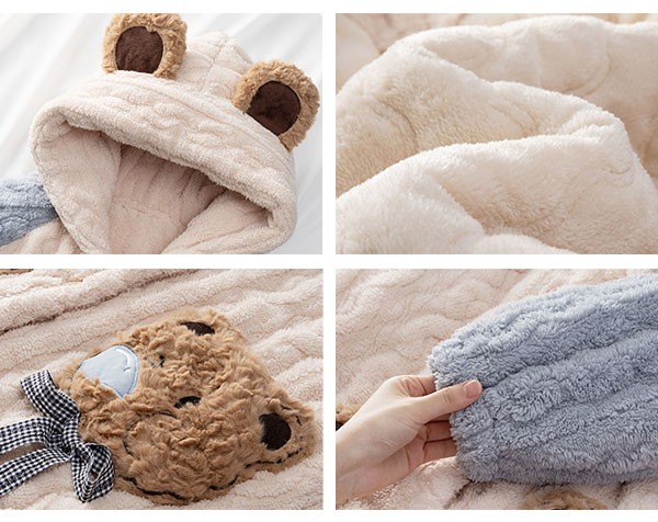 ルームウェア もこもこ 熊柄 パジャマ 冬 長袖 モコモコ 着る毛布 あったか 寝巻き フード付き 。 ナイトガウン 暖かい 部屋着 前開き 