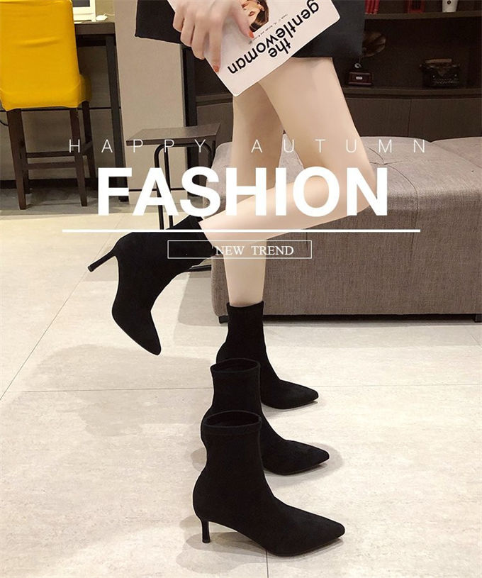 ショートブーツ レディース スエード調 ストレッチ ピンヒール チャンキーヒール 痛くない 美脚 送料無料 痛くない 走れる 秋冬 ポインテッドトゥ 歩きやすい 