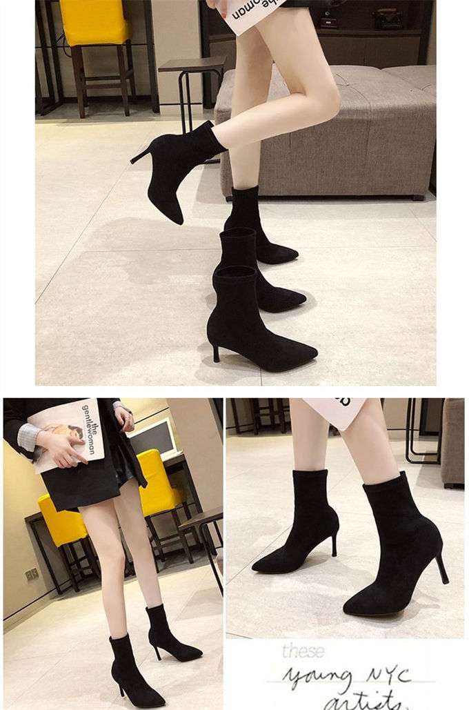 ショートブーツ レディース スエード調 ストレッチ ピンヒール チャンキーヒール 痛くない 美脚 送料無料 痛くない 走れる 秋冬 ポインテッドトゥ 歩きやすい 