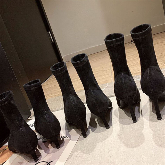 ショートブーツ レディース スエード調 ストレッチ ピンヒール チャンキーヒール 痛くない 美脚 送料無料 痛くない 走れる 秋冬 ポインテッドトゥ 歩きやすい 