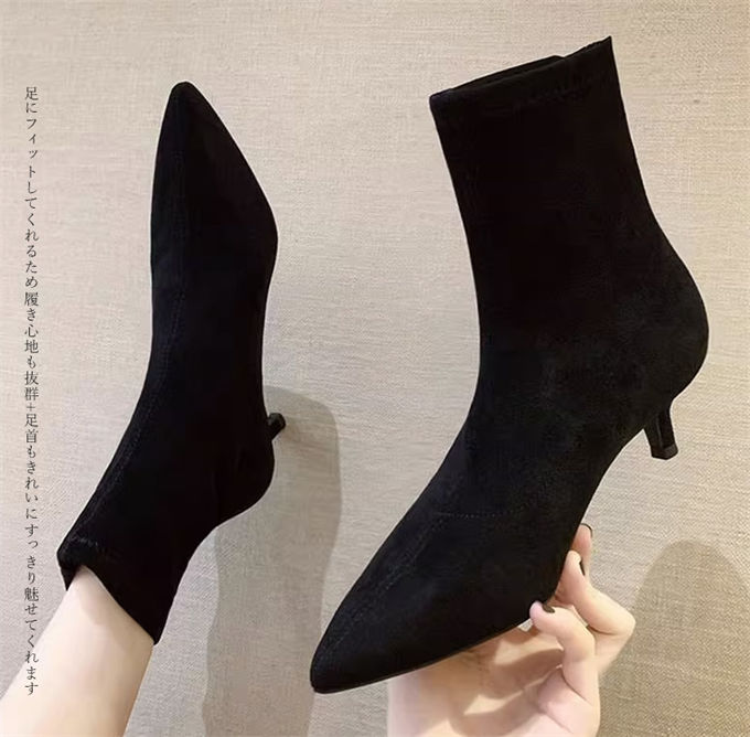 ショートブーツ レディース スエード調 ストレッチ ピンヒール チャンキーヒール 痛くない 美脚 送料無料 痛くない 走れる 秋冬 ポインテッドトゥ 歩きやすい 