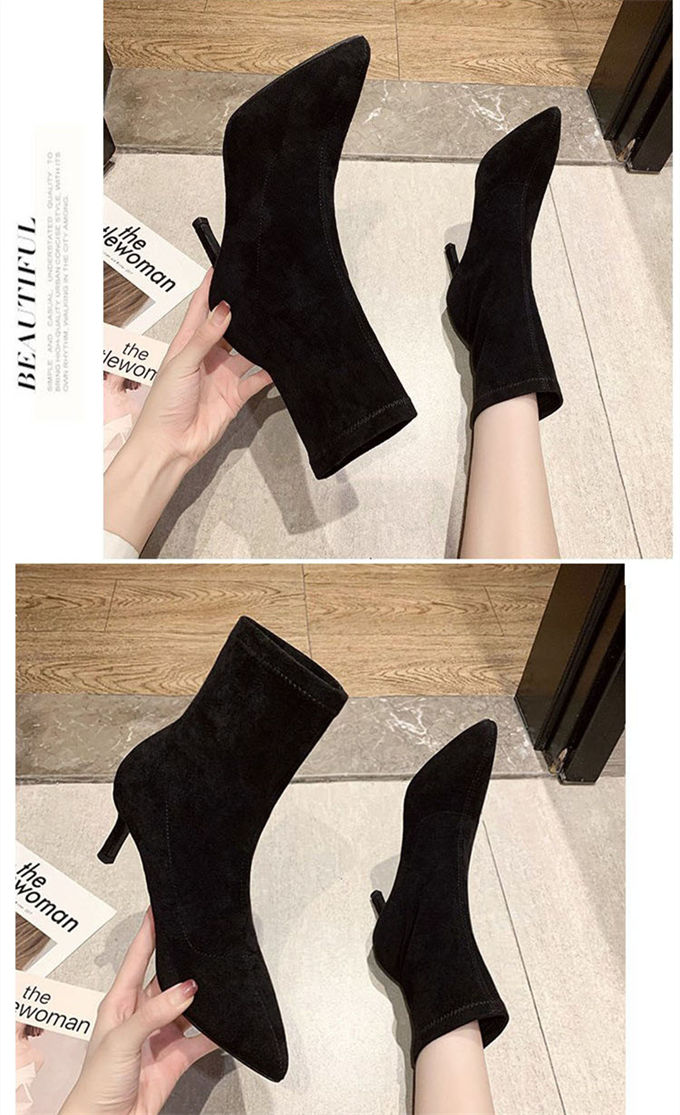 ショートブーツ レディース スエード調 ストレッチ ピンヒール チャンキーヒール 痛くない 美脚 送料無料 痛くない 走れる 秋冬 ポインテッドトゥ 歩きやすい 