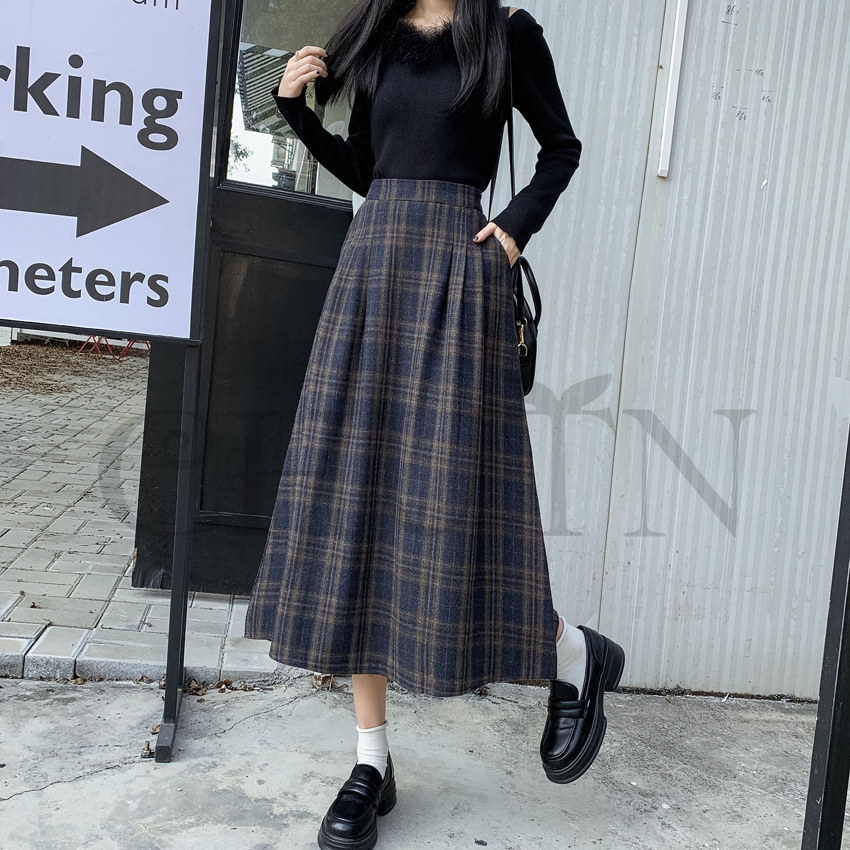 秋冬ラシャスカートマキシスカート チェック柄 ハイウエスト ラシャスカート 気質 オシャレ エレ 40代 50代ファッション きれいめ 