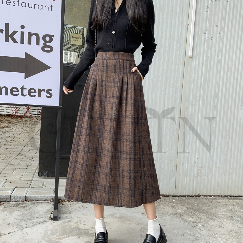 秋冬ラシャスカートマキシスカート チェック柄 ハイウエスト ラシャスカート 気質 オシャレ エレ 40代 50代ファッション きれいめ 