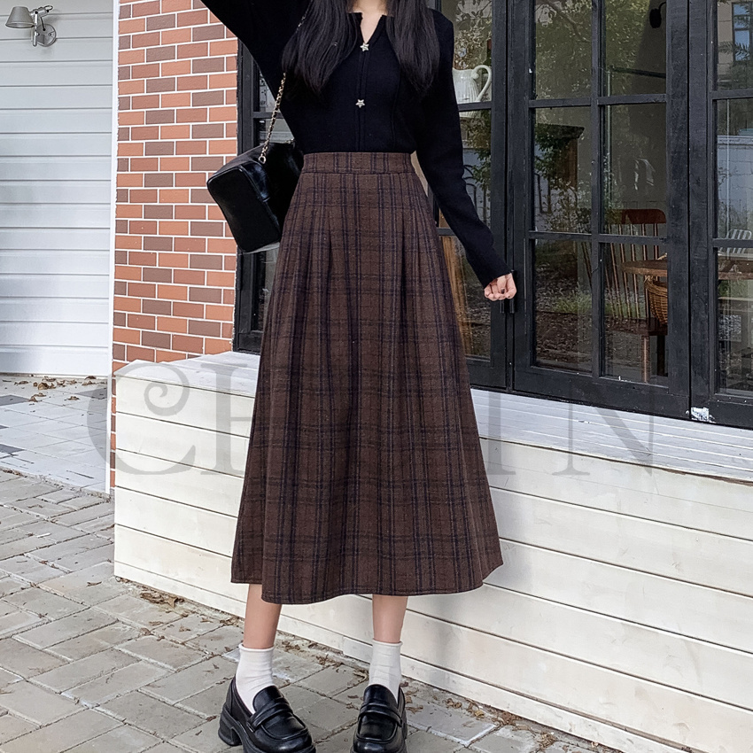 秋冬ラシャスカートマキシスカート チェック柄 ハイウエスト ラシャスカート 気質 オシャレ エレ 40代 50代ファッション きれいめ 