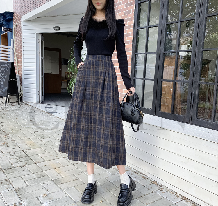 秋冬ラシャスカートマキシスカート チェック柄 ハイウエスト ラシャスカート 気質 オシャレ エレ 40代 50代ファッション きれいめ 