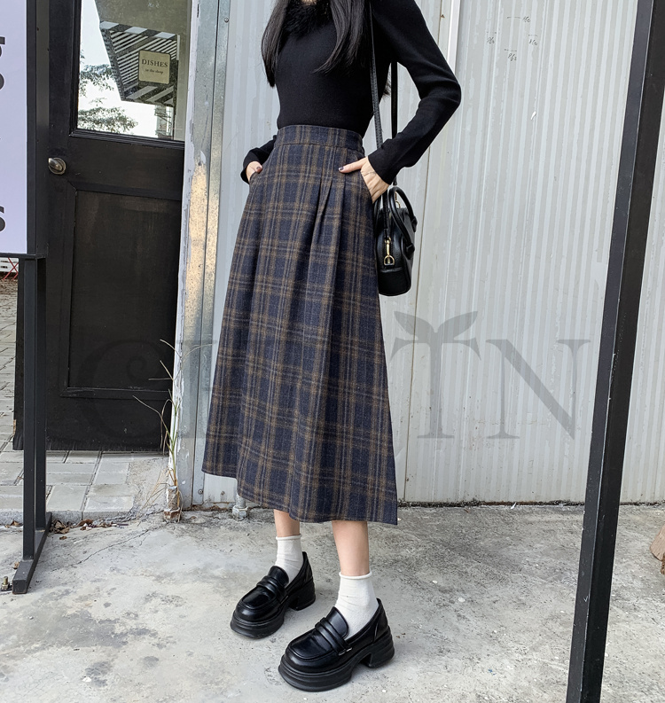 秋冬ラシャスカートマキシスカート チェック柄 ハイウエスト ラシャスカート 気質 オシャレ エレ 40代 50代ファッション きれいめ 