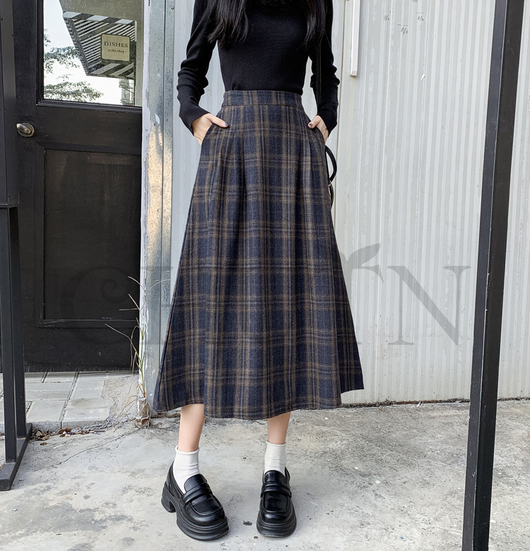 秋冬ラシャスカートマキシスカート チェック柄 ハイウエスト ラシャスカート 気質 オシャレ エレ 40代 50代ファッション きれいめ 