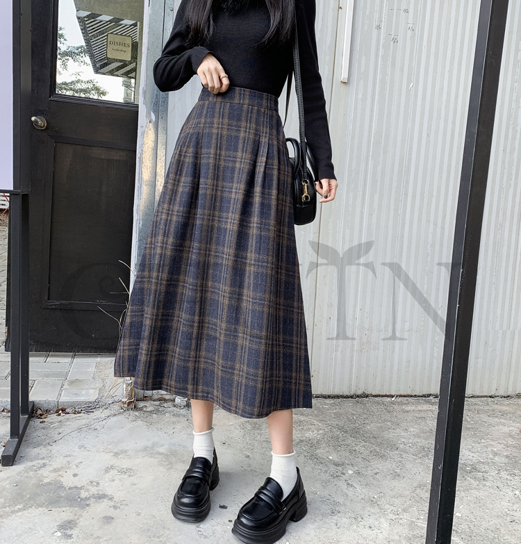 秋冬ラシャスカートマキシスカート チェック柄 ハイウエスト ラシャスカート 気質 オシャレ エレ 40代 50代ファッション きれいめ 