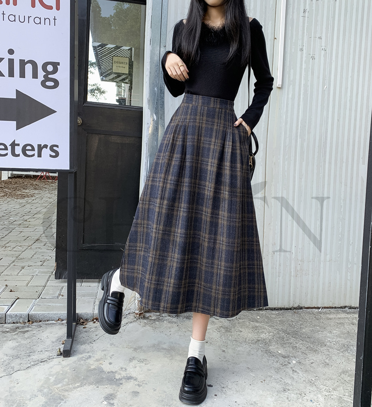 秋冬ラシャスカートマキシスカート チェック柄 ハイウエスト ラシャスカート 気質 オシャレ エレ 40代 50代ファッション きれいめ 