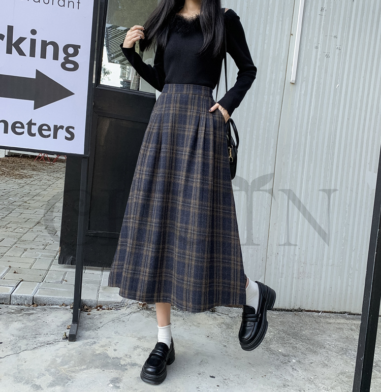 秋冬ラシャスカートマキシスカート チェック柄 ハイウエスト ラシャスカート 気質 オシャレ エレ 40代 50代ファッション きれいめ 