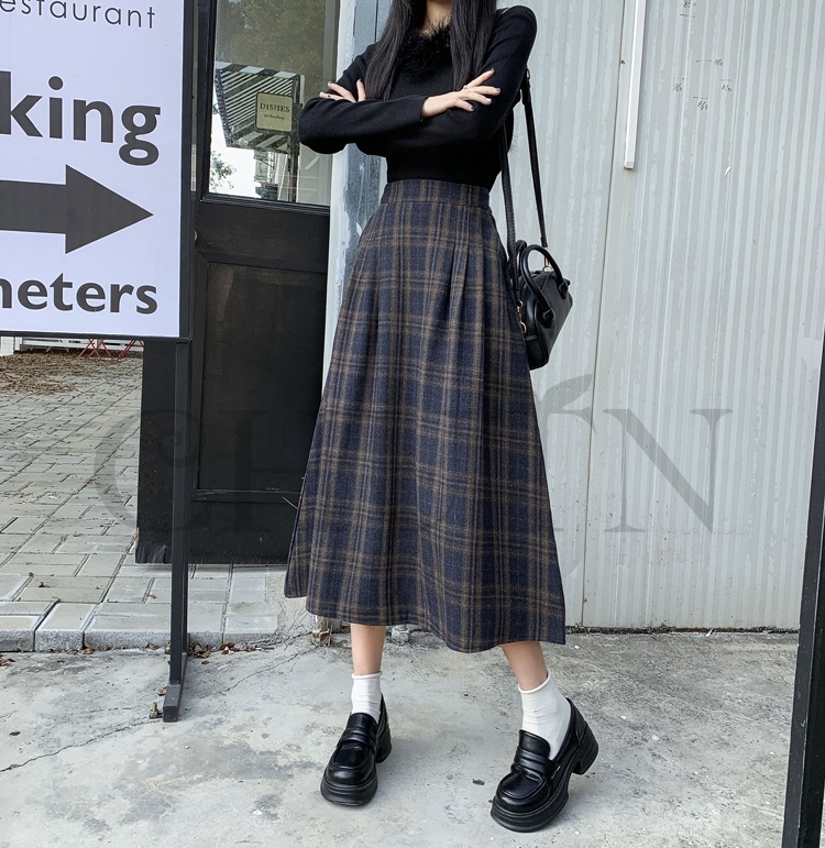 秋冬ラシャスカートマキシスカート チェック柄 ハイウエスト ラシャスカート 気質 オシャレ エレ 40代 50代ファッション きれいめ 